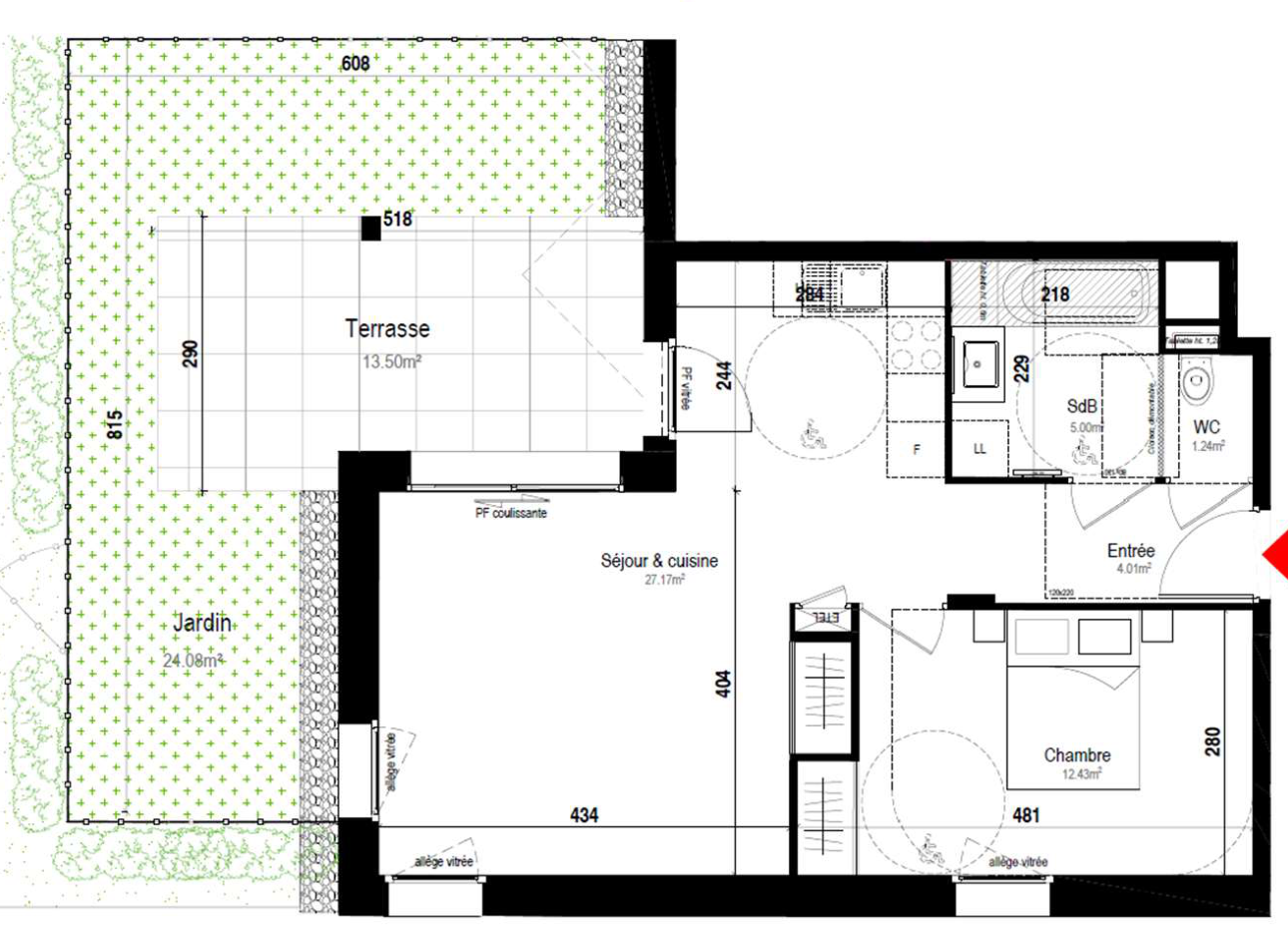 Plan de référence d’un T2 avec séjour-cuisine, chambre, entrée, salle de bains, WC et terrasse